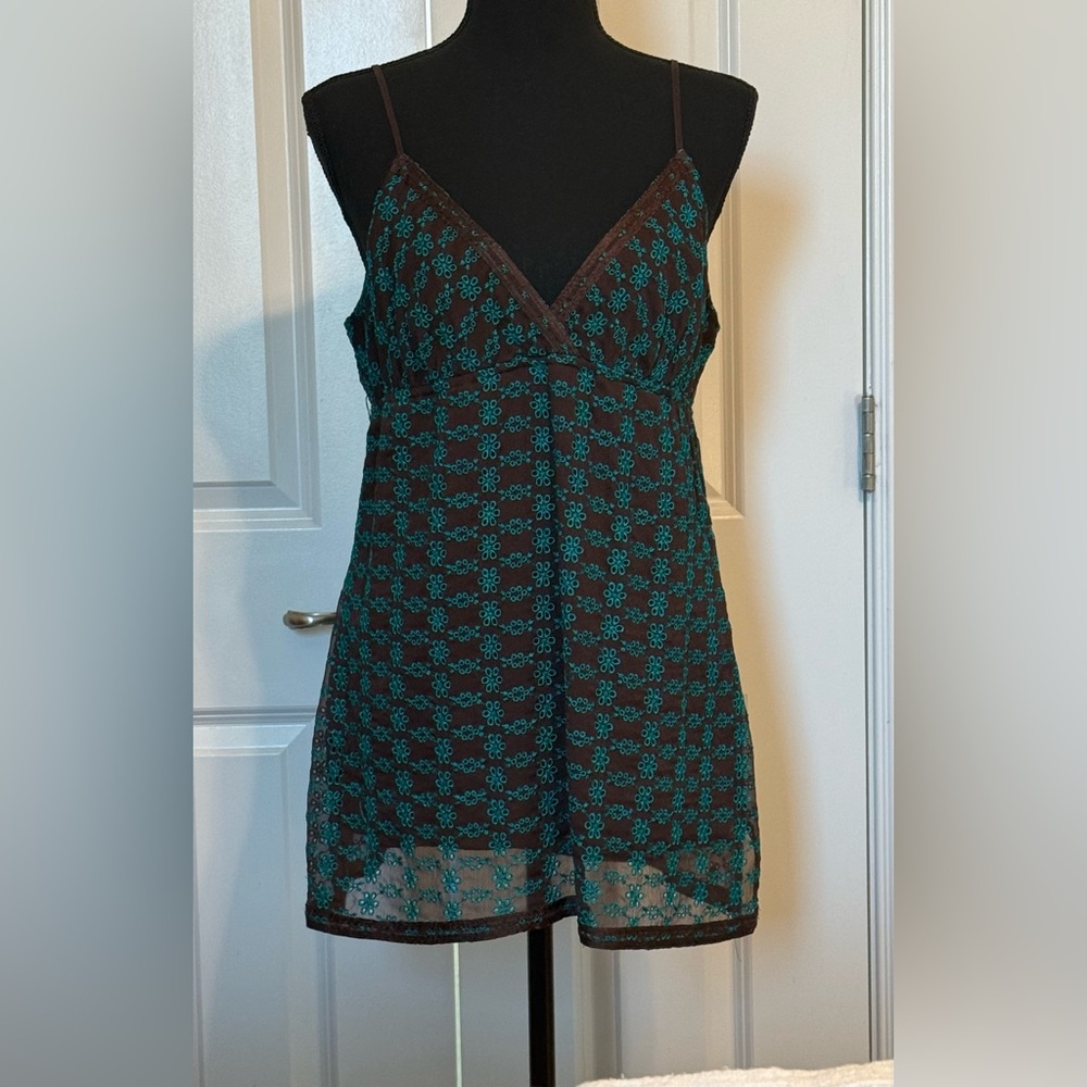 Vtg Cowgirl Up SZ L Pullover Top Brown and Teal eyelet design adjust straps